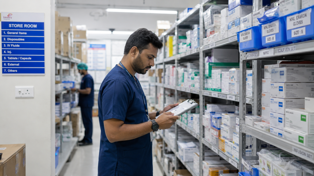 Healthcare supply chain staff checking hospital medical inventory and stock records