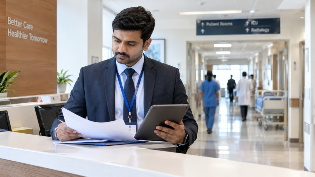 Hospital administrator reviewing patient records on a tablet at a hospital front desk
