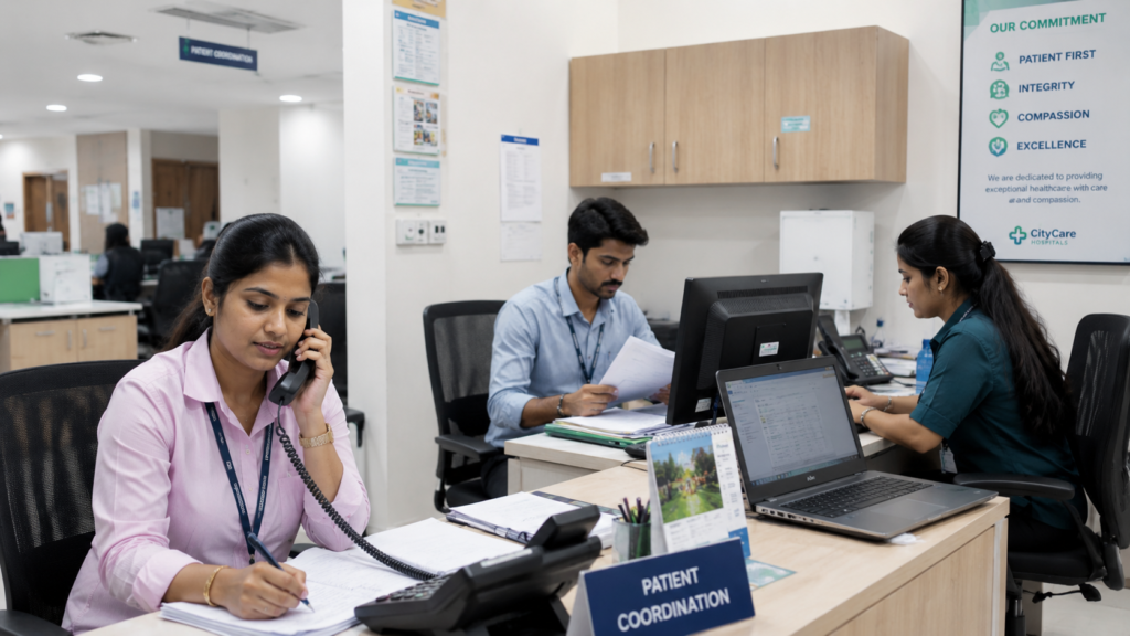 Hospital administration team coordinating patient records and scheduling in a hospital office