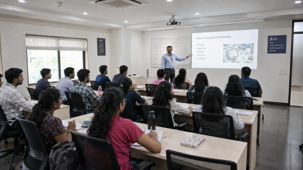 Students in a hospital administration training classroom at Mithra Institute of Management Studies