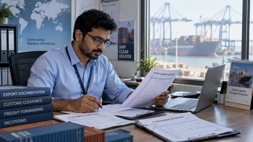 Freight forwarding jobs Kerala — professional reviewing export and customs documentation