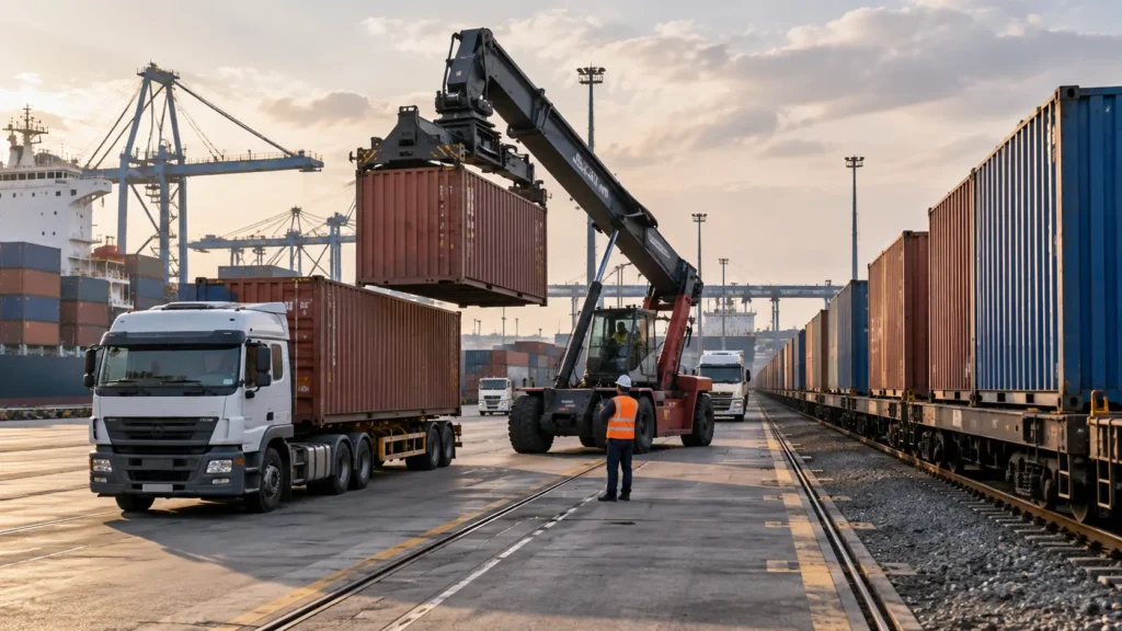 Supply chain jobs Thiruvananthapuram — cargo trucks and freight train at a port logistics yard