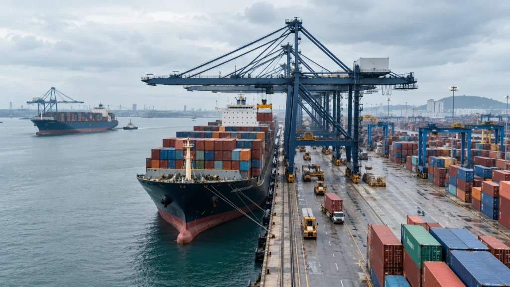 Vizhinjam port EXIM operations — container ships and cargo cranes at Kerala's deep-water seaport